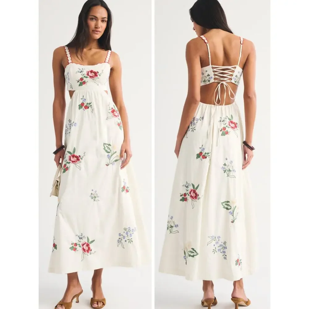 ABERCROMBIE & FITCH Bra-Free Embroidered White Maxi Dress Size XS NEW